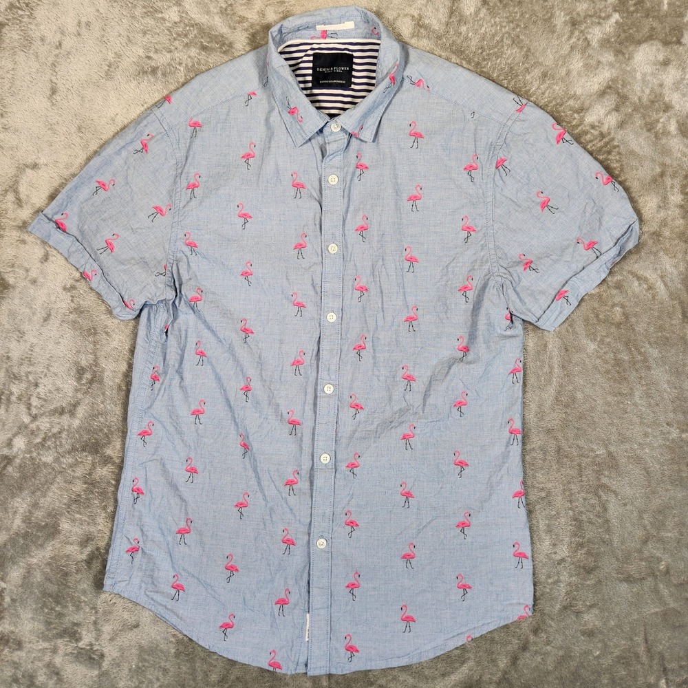 Denim & Flower‎ Button Down Mens Medium Blue Flamingo Print Short Sleeve Shirt
